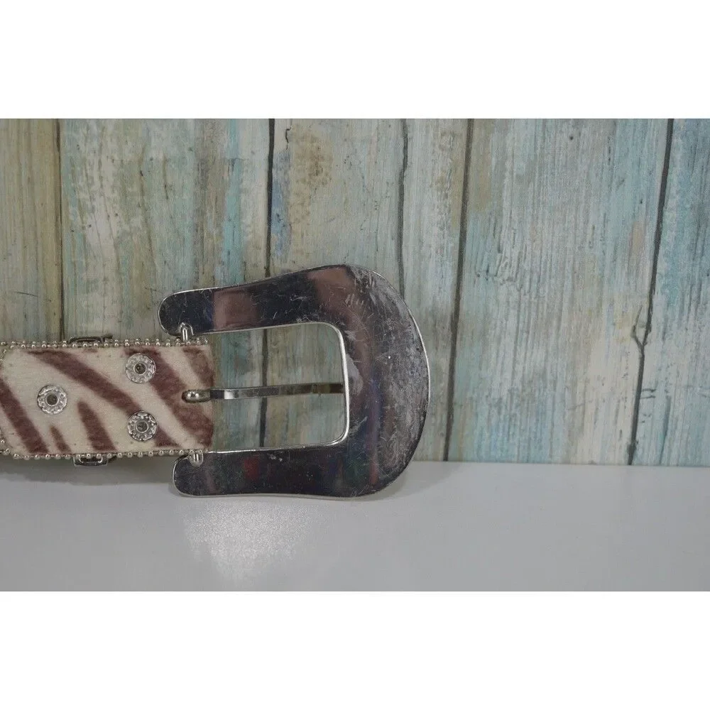 BHW Rhinestone Western Belt Brown Cow Hair Size M 32 Conch Jewel Gemstone Buckle